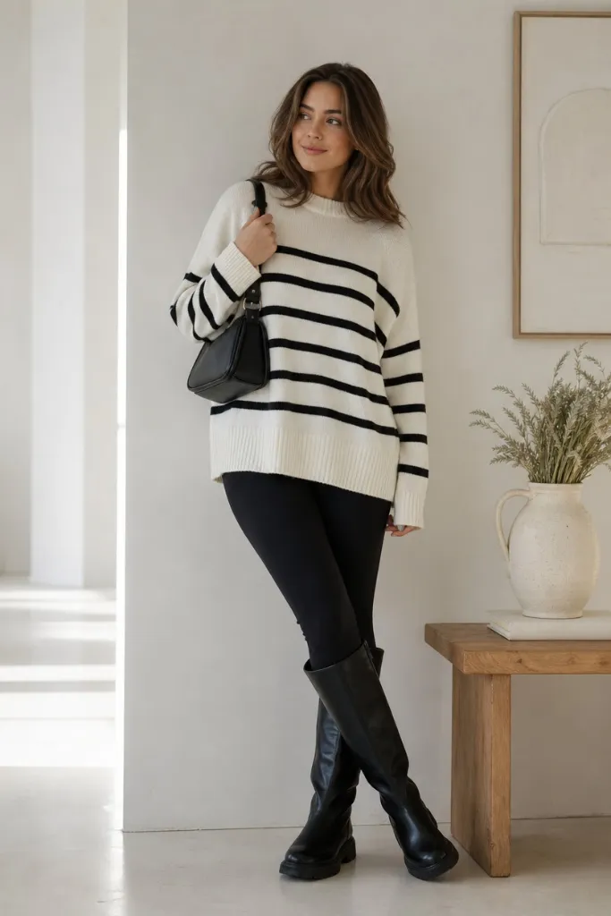 Fall Outfit Ideas with Leggings and Boots 2026 Striped Knit Sweater With Breton-Stripe Charm