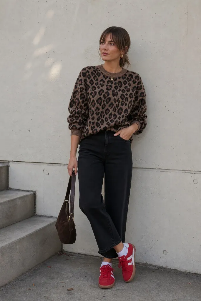 Fall Outfits with Sneakers and Jeans 2026 Leopard Knit With Red Sneaker Punch