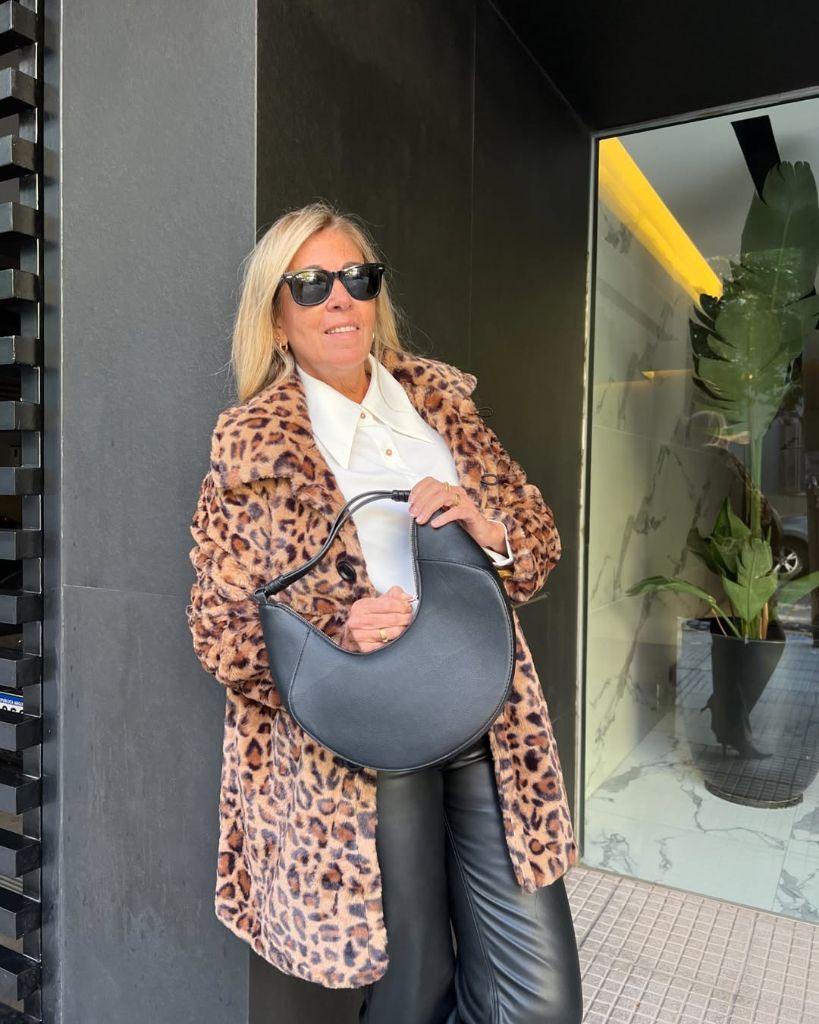 What to Wear This Fall 2026 Over 50 Leopard Faux Fur With Leather Pants and Half-Moon Bag