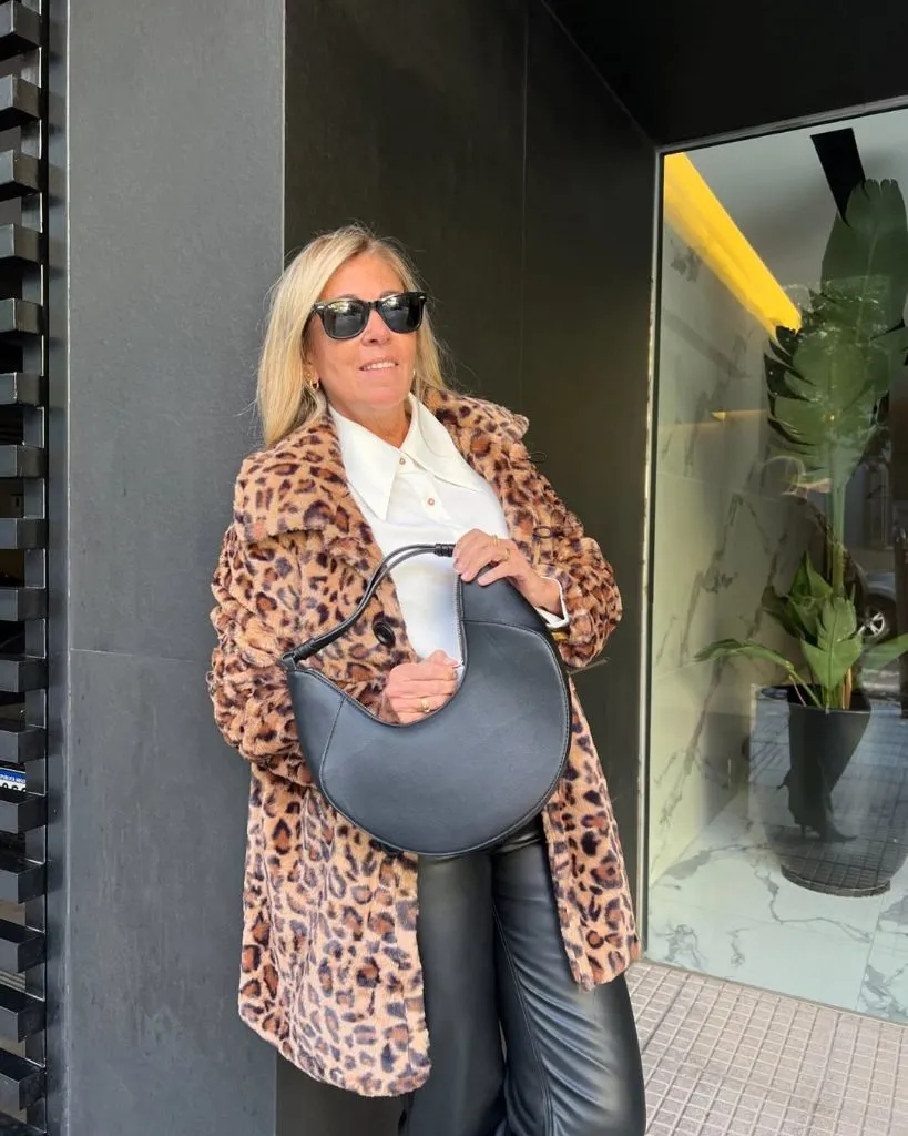 What to Wear This Fall 2026 Over 50 Leopard Faux Fur With Leather Pants and Half-Moon Bag