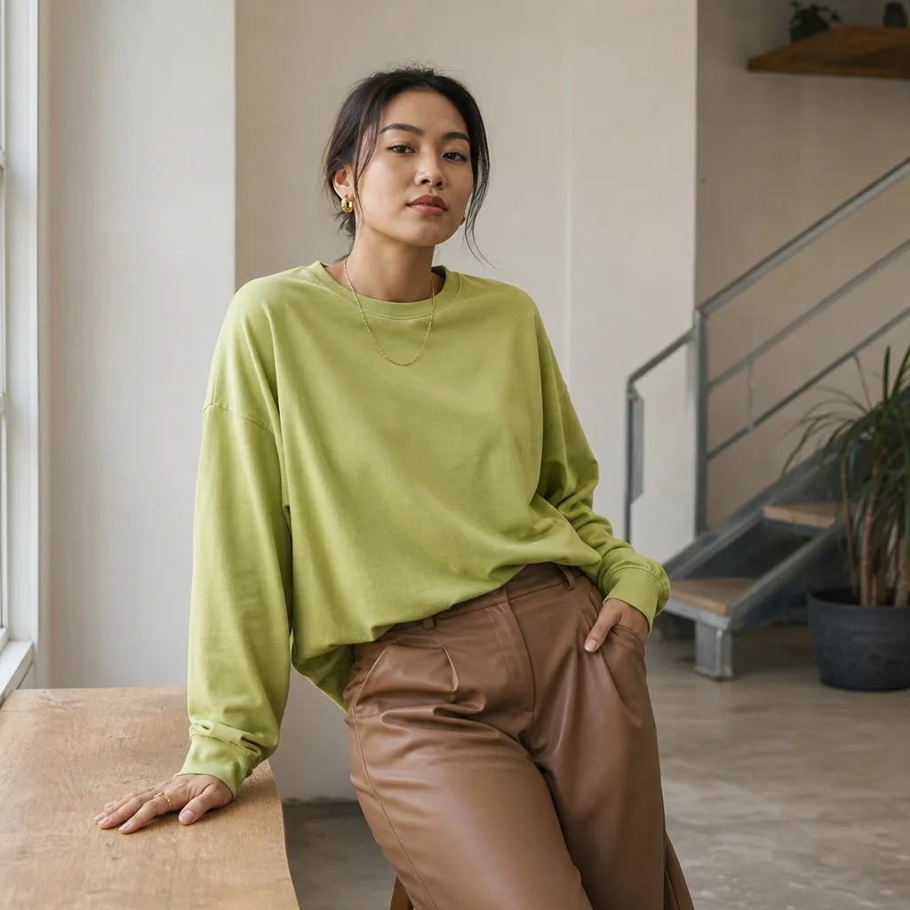 Fall Office Outfit Ideas for Women 2026 Soft Green Sweater With Easy Leather Trousers