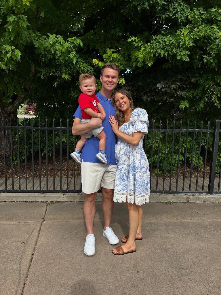 Fall Family Picture Outfits 2026 Blue and White Summer-to-Fall Transition Family Photo
