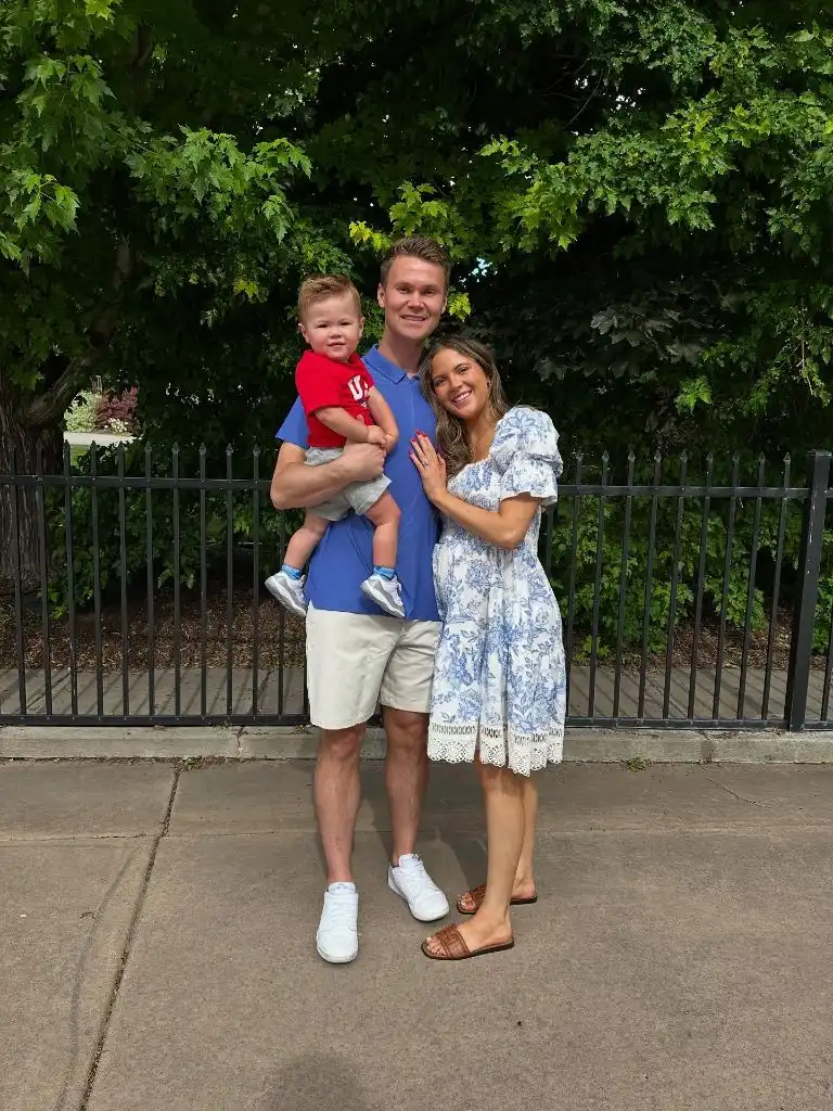 Fall Family Picture Outfits 2026 Blue and White Summer-to-Fall Transition Family Photo