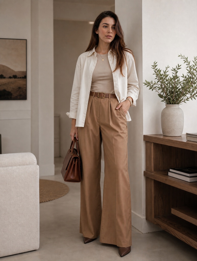 Fall Outfits with Pants 2026 Cream Shirt Jacket With Camel Wide-Leg Trousers