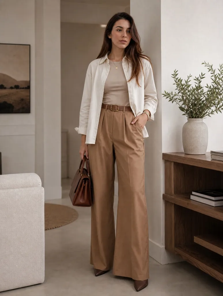 Fall Outfits with Pants 2026 Cream Shirt Jacket With Camel Wide-Leg Trousers
