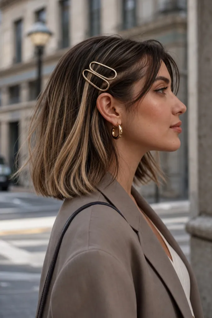July Hair Color Ideas 2026 Chin-Length Bronde Bob With Statement Clip