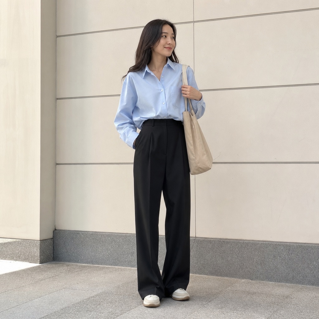 Casual Fall Work Outfits 2026 Light Blue Button-Down With Black Wide-Leg Trousers for Minimalist Clarity