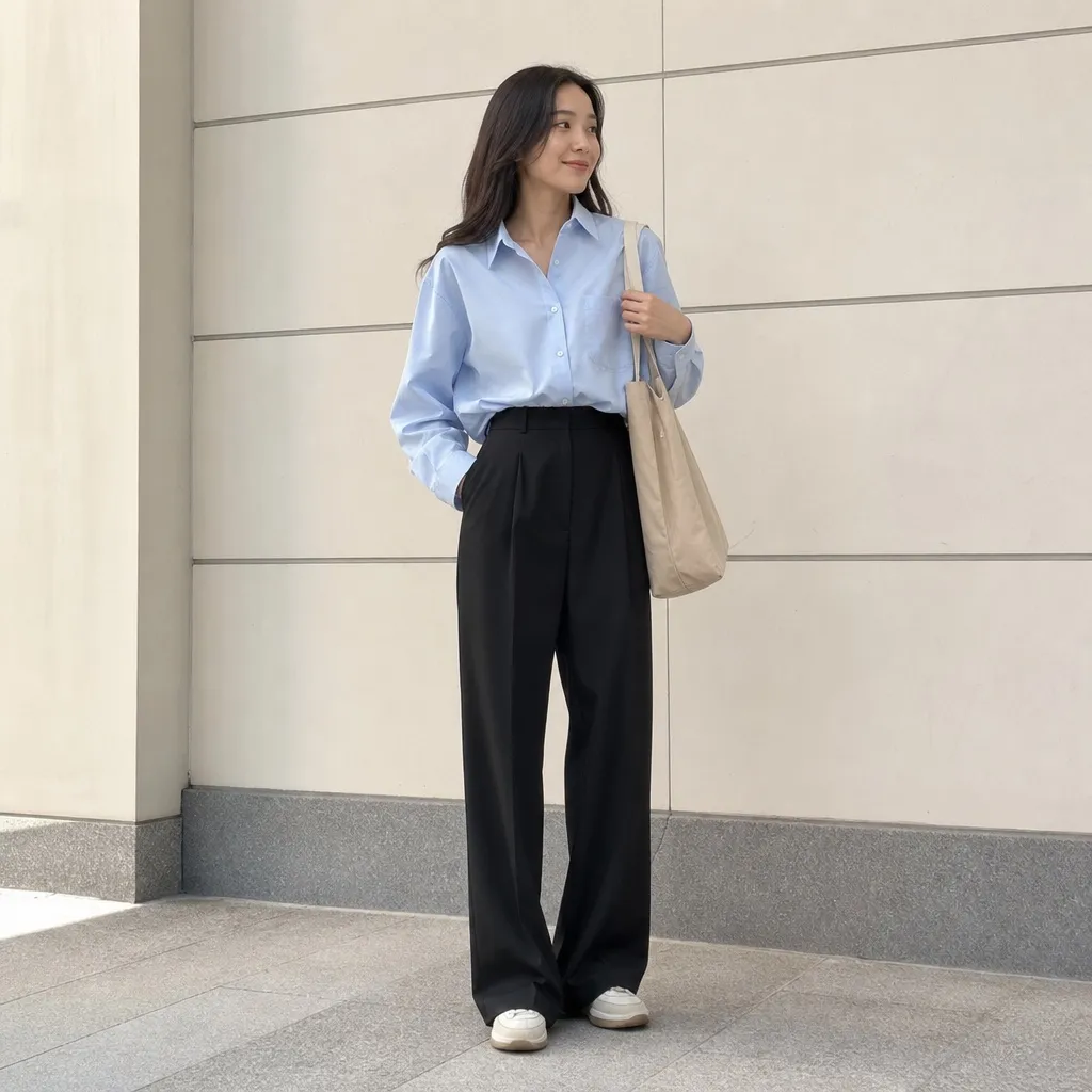 Casual Fall Work Outfits 2026 Light Blue Button-Down With Black Wide-Leg Trousers for Minimalist Clarity