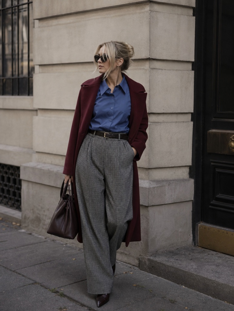 Fall Outfits with Blues for Work 2026 Burgundy Coat Over Blue Shirt With Houndstooth Trousers and Rich Contrast