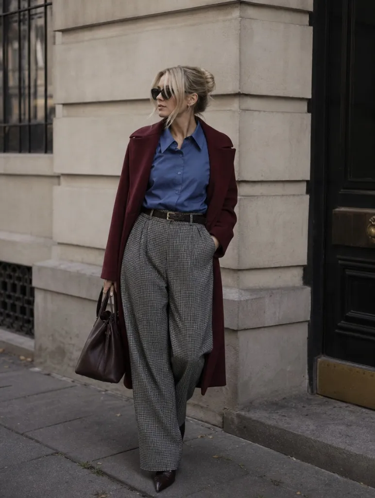 Fall Outfits with Blues for Work 2026 Burgundy Coat Over Blue Shirt With Houndstooth Trousers and Rich Contrast