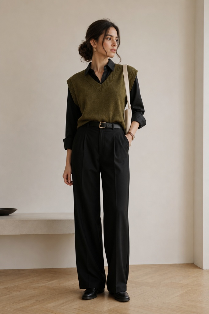 Casual Fall Work Outfits 2026 Olive Knit Vest Over Black With Effortless Academic Energy