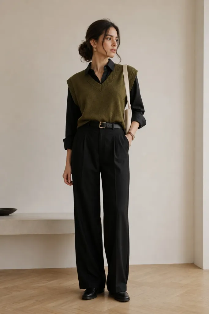 Casual Fall Work Outfits 2026 Olive Knit Vest Over Black With Effortless Academic Energy