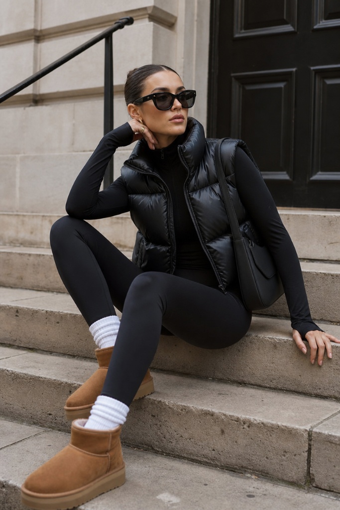 Fall Outfit Ideas with Leggings and Boots 2026 Black Puffer Vest For Sporty-Luxe Days