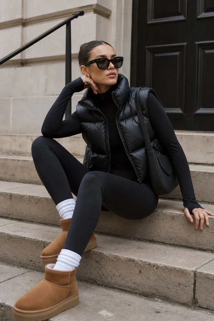 Fall Outfit Ideas with Leggings and Boots 2026 Black Puffer Vest For Sporty-Luxe Days
