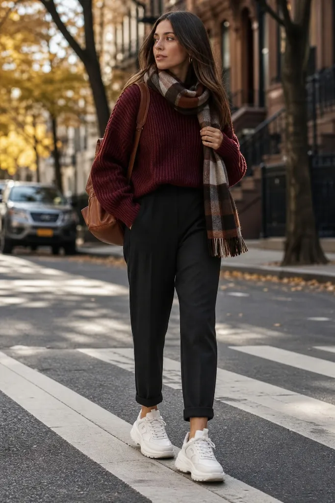 Fall Pants Outfits for Women 2026 Burgundy Chunky Sweater With Plaid Scarf and Black Tapered Pants