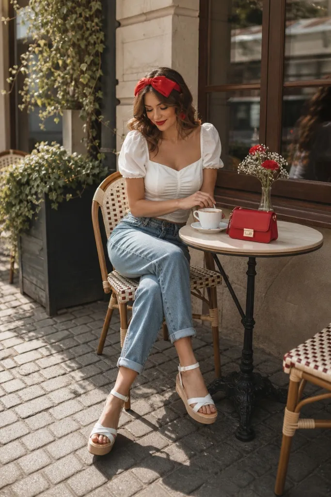 July 2026 Fashion Trends White Puff-Sleeve Top and Cuffed Jeans With Parisian Café Romanticism