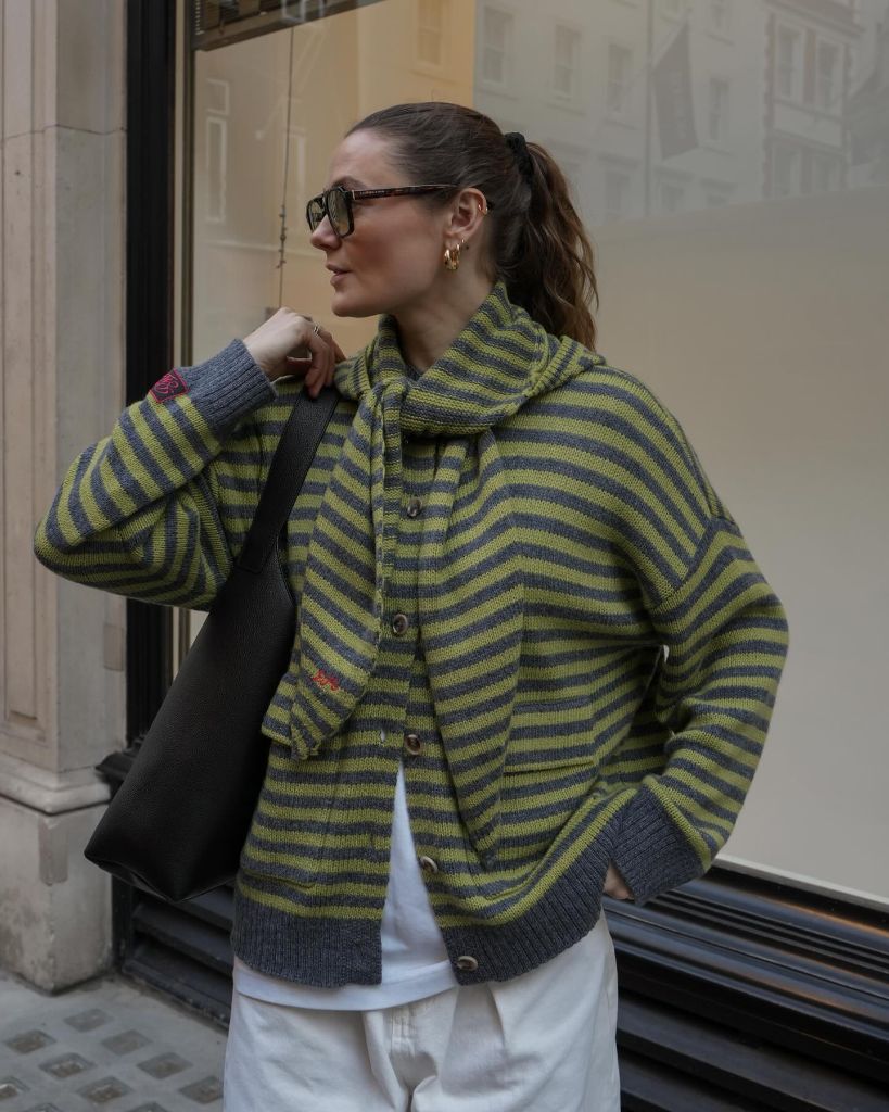 Fall Outfits with Sweater 2026 Green-and-Grey Striped Cardigan Set With Matching Scarf