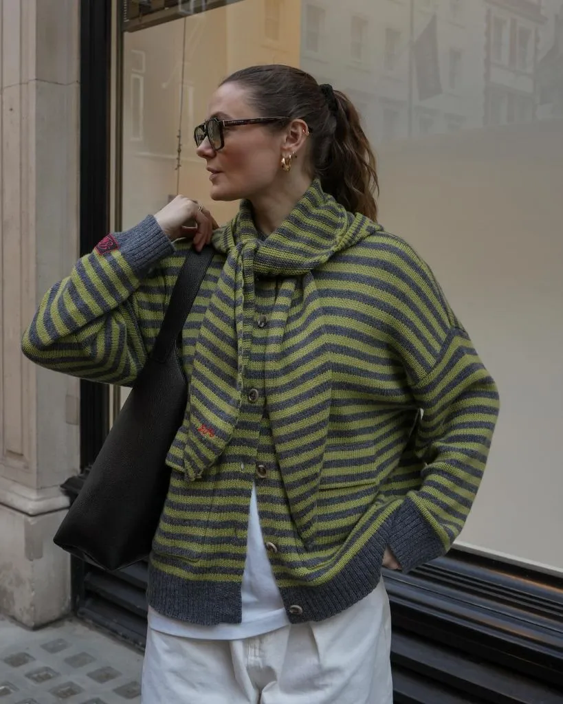 Fall Outfits with Sweater 2026 Green-and-Grey Striped Cardigan Set With Matching Scarf