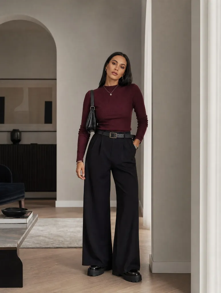 Fall Pants Outfits for Women 2026 Burgundy Ribbed Knit With Black Wide-Leg Trousers for Polished Days