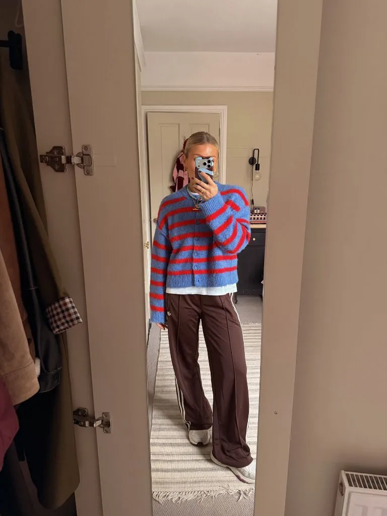 Fall Outfits with Sweater 2026 Blue-and-Red Striped Cardigan With Track Pants