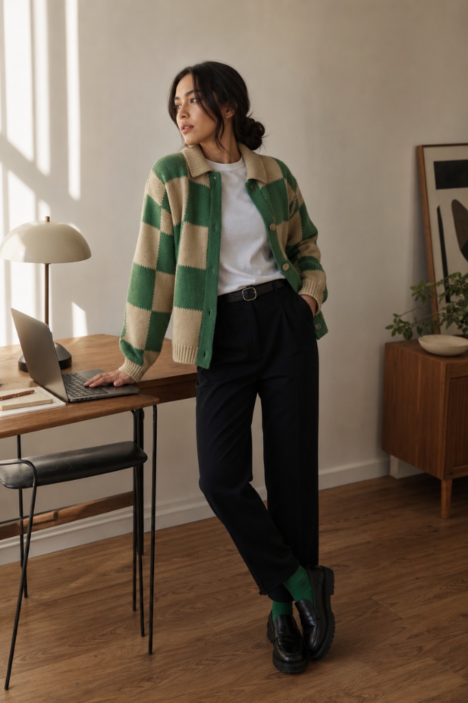 Fall Work Outfits 2026 ideas Green Check Cardigan With White Tee for Playful Office Energy