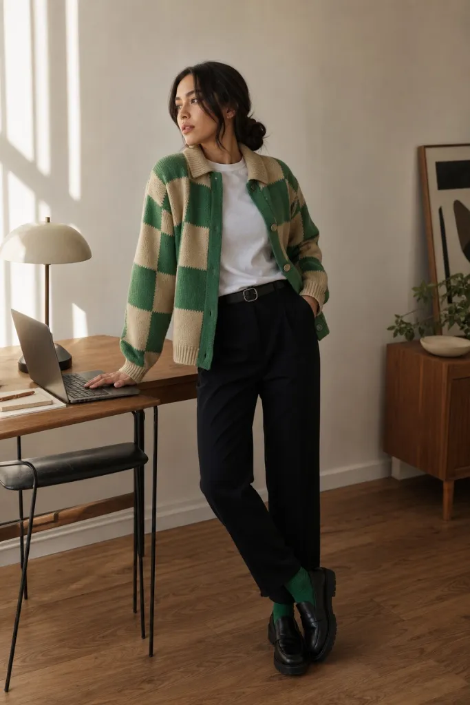 Fall Work Outfits 2026 ideas Green Check Cardigan With White Tee for Playful Office Energy