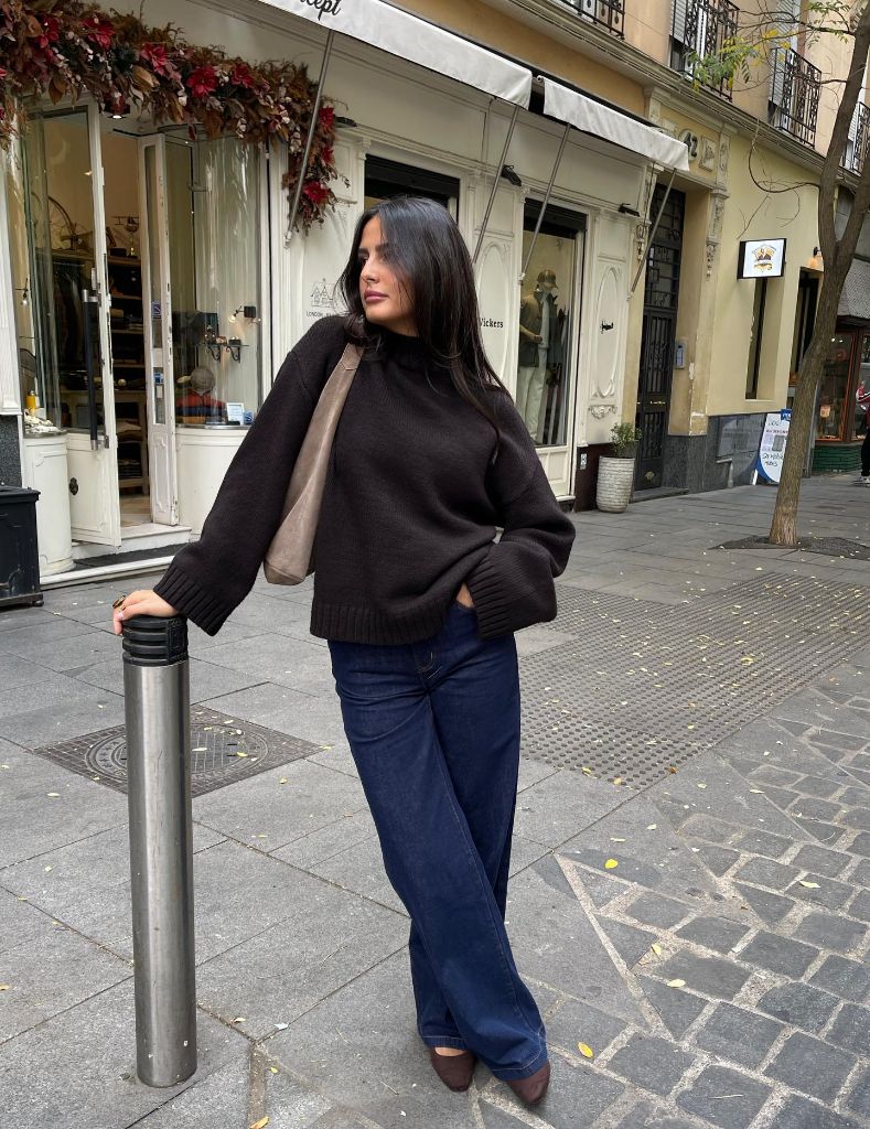 Fall Outfits with Sweater 2026 Chocolate Oversized Knit With Wide-Leg Denim