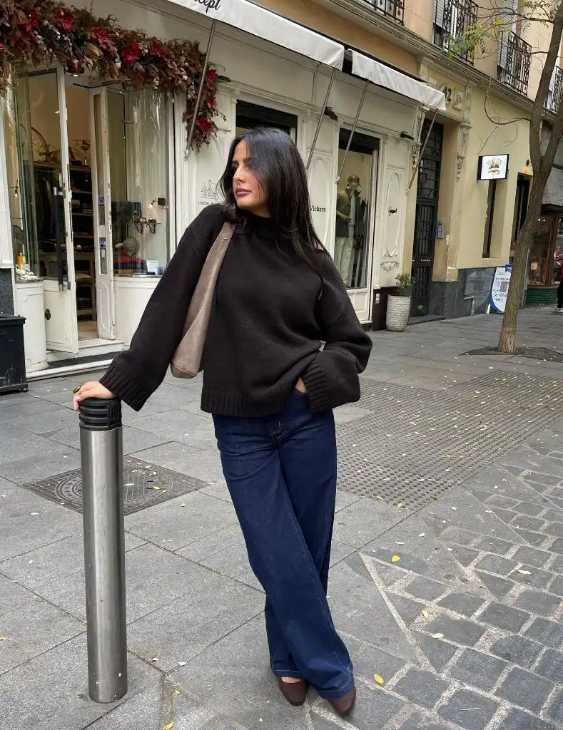 Fall Outfits with Sweater 2026 Chocolate Oversized Knit With Wide-Leg Denim