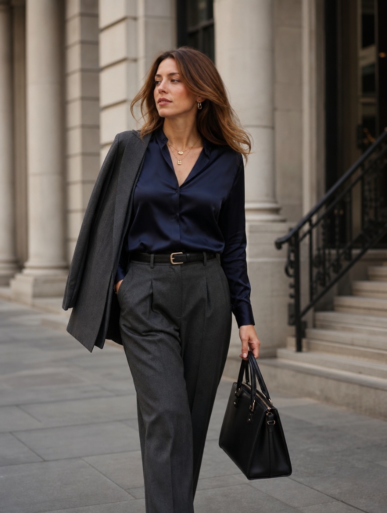 Fall Outfits with Blues for Work 2026 Navy Satin Blouse With Charcoal Trousers and City Sophistication