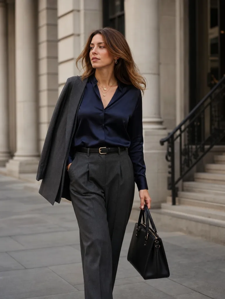Fall Outfits with Blues for Work 2026 Navy Satin Blouse With Charcoal Trousers and City Sophistication