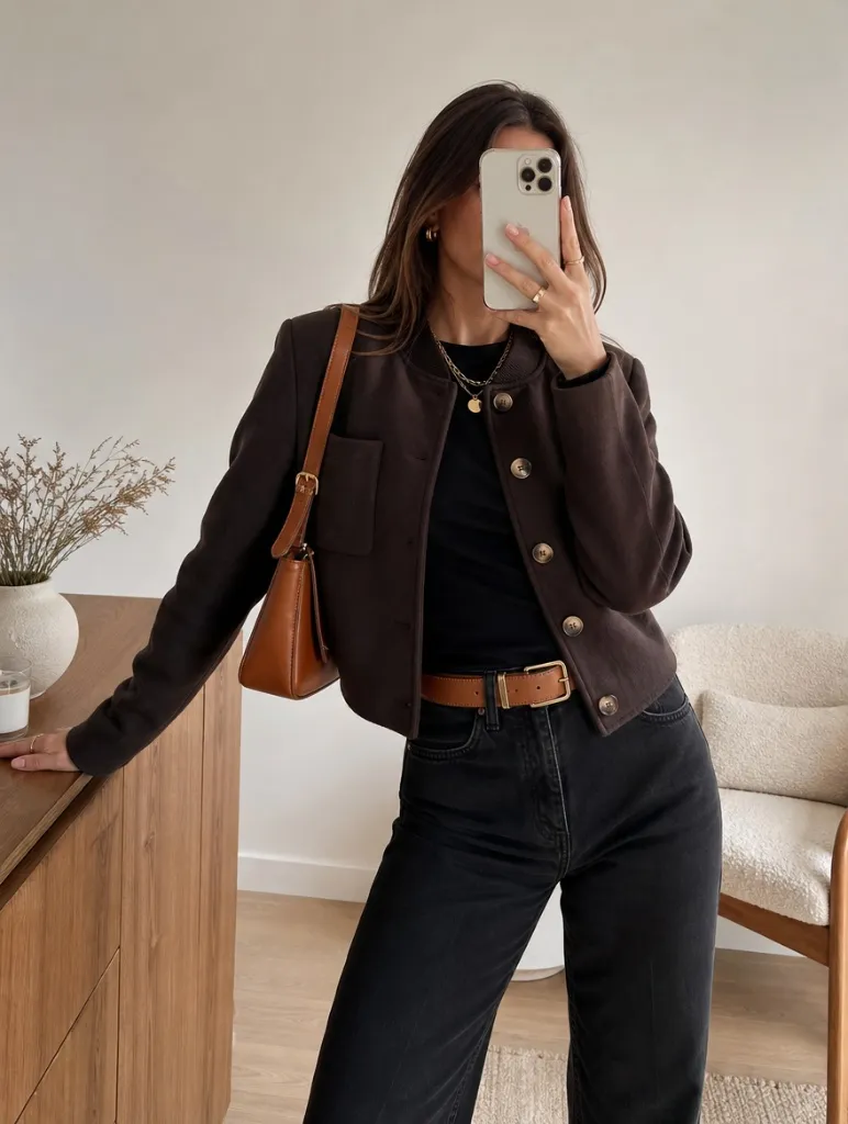 Fall Outfits with Jeans 2026 Dark Cropped Jacket With Black Jeans and Cognac Leather Details