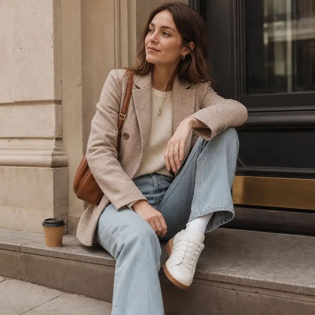 Fall Outfits with Jeans 2026 Houndstooth Blazer With Cream Sweater and Light Jeans