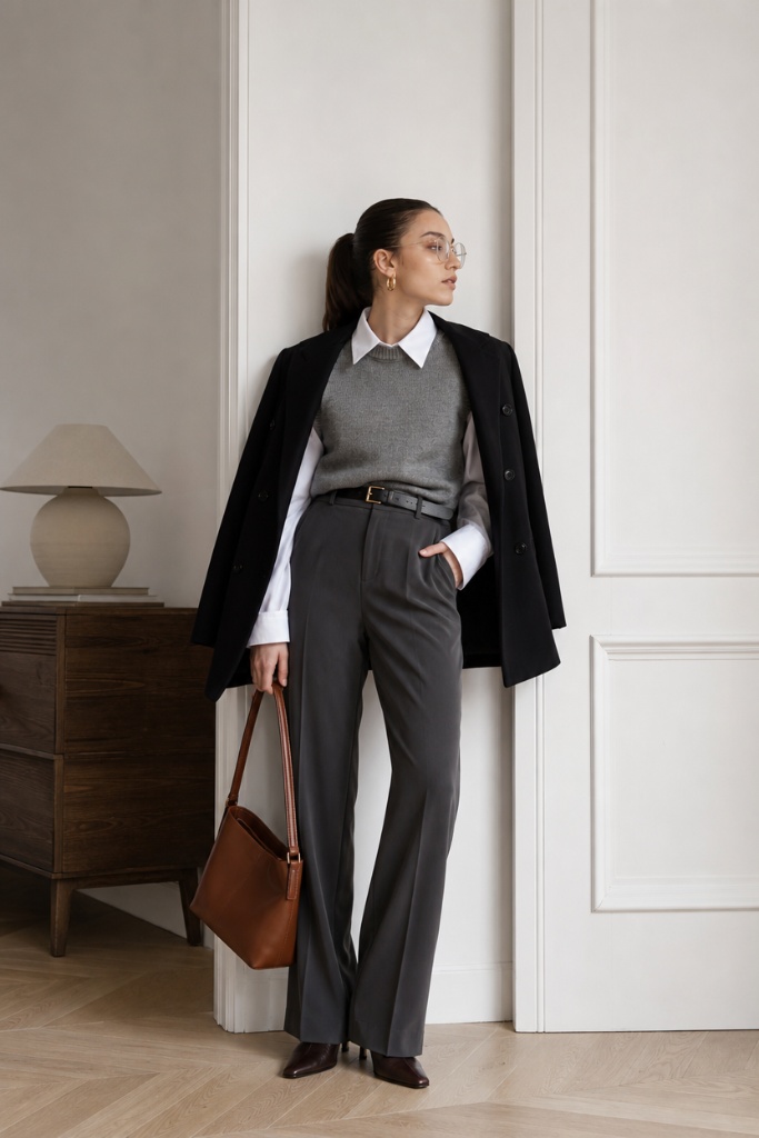 Casual Fall Work Outfits 2026 White Shirt Under Gray Sweater Vest With Charcoal Trousers and Blazer Draped for Scholarly Polish