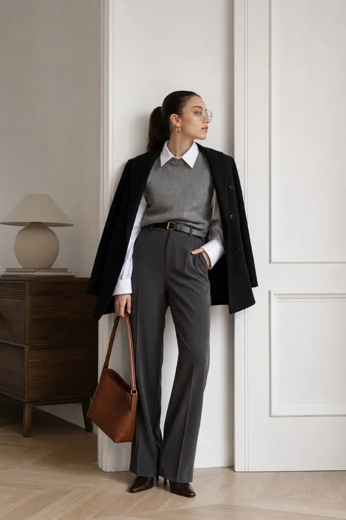 Casual Fall Work Outfits 2026 White Shirt Under Gray Sweater Vest With Charcoal Trousers and Blazer Draped for Scholarly Polish