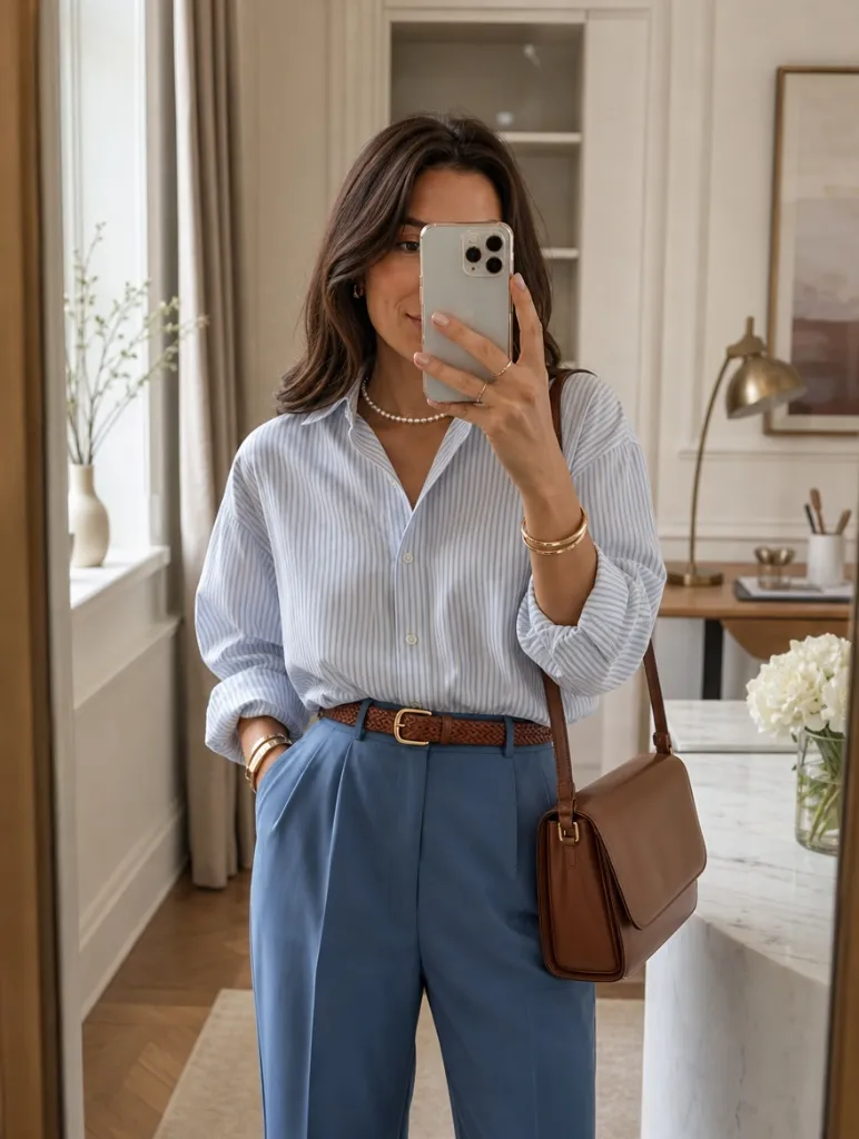 Fall Outfits with Blues for Work 2026 Blue-and-White Striped Shirt With Blue Trousers and Tonal Harmony