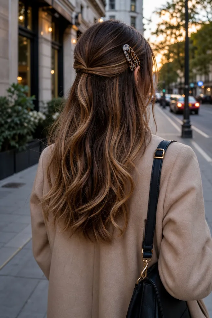 July Hair Color Ideas 2026 Brunette Half-Up With Tortoiseshell Clip and Golden Hour Glow