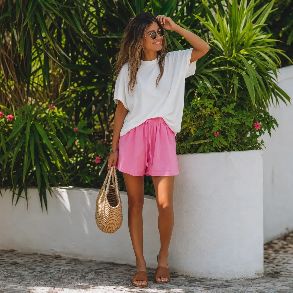July 2026 Fashion Trends White Oversized Tee and Pink Linen Shorts With Tropical Ease