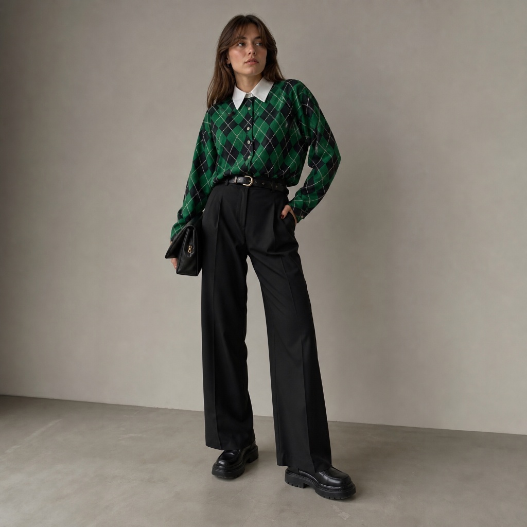 Fall Outfits with Pants 2026 Argyle Cardigan Over Black Wide-Leg Trousers