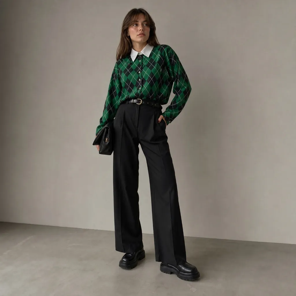 Fall Outfits with Pants 2026 Argyle Cardigan Over Black Wide-Leg Trousers