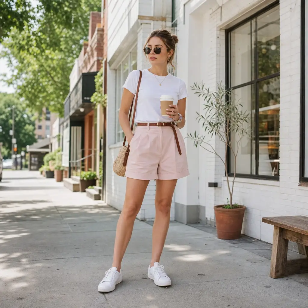 July Outfits Ideas 2026 White Fitted Tee With Blush Tailored Shorts and Crossbody Bag