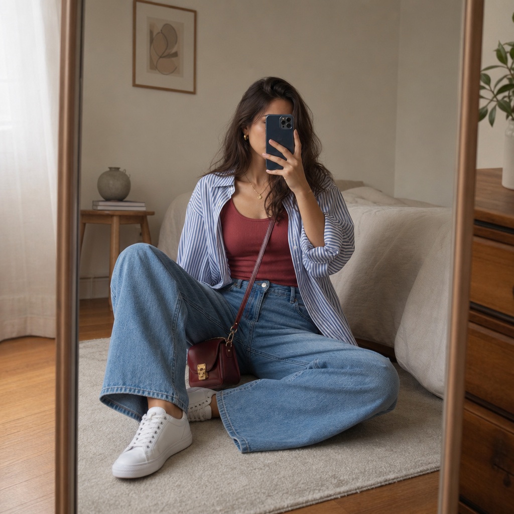 Fall Outfits with Jeans 2026 Relaxed Striped Button-Down With Burgundy Tank and Wide Denim