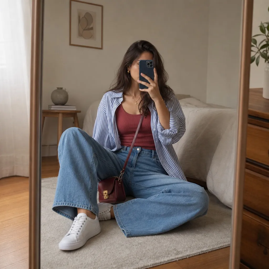 Fall Outfits with Jeans 2026 Relaxed Striped Button-Down With Burgundy Tank and Wide Denim