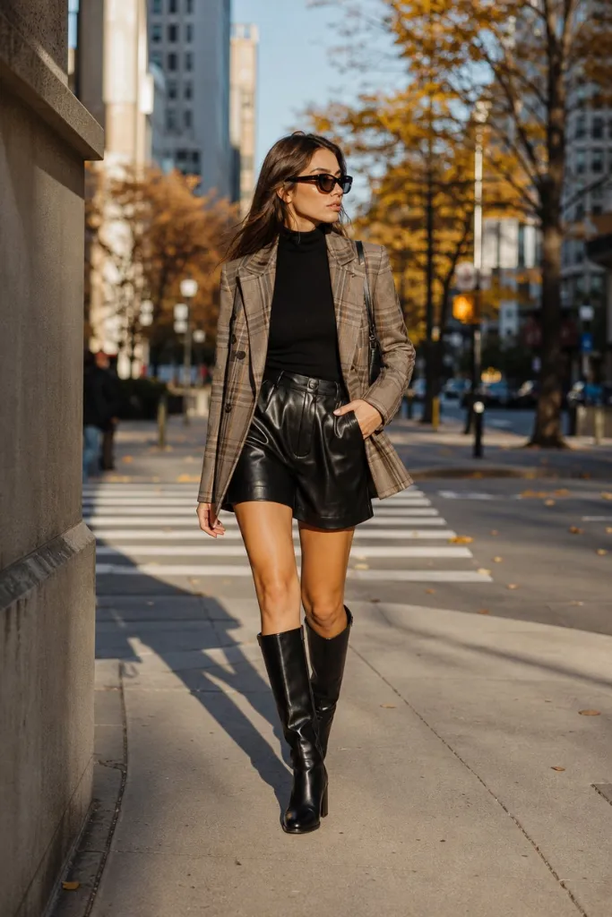 All Outfits with Boots 2026 Plaid Blazer and Leather Shorts for Tall Heeled Boots