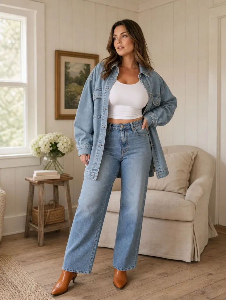 Fall Outfit Ideas for Big Busted Women 2026 Oversized Denim Jacket With White Crop And Wide Jeans
