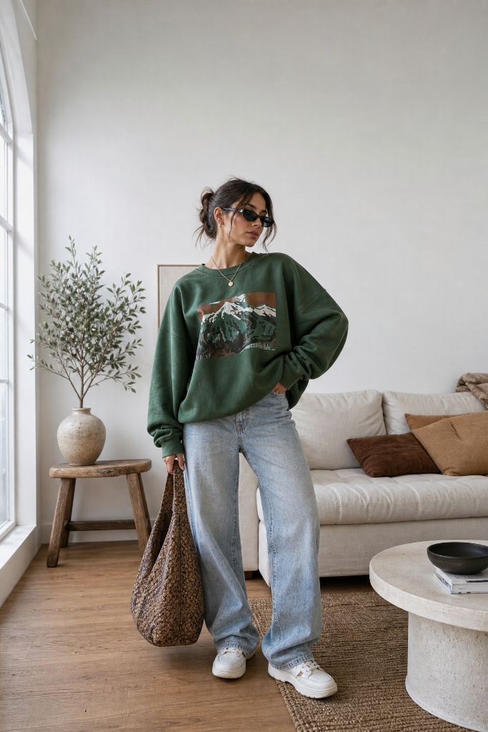 Fall Outfits with Sneakers and Jeans 2026 Green Graphic Sweatshirt With Cozy Apartment Light
