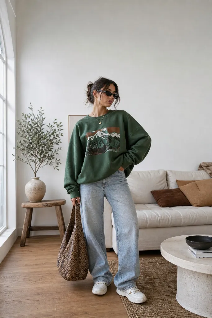 Fall Outfits with Sneakers and Jeans 2026 Green Graphic Sweatshirt With Cozy Apartment Light