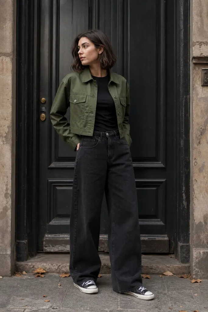 Fall Outfits with Sneakers and Jeans 2026 Olive Crop Jacket With Doorway Drama