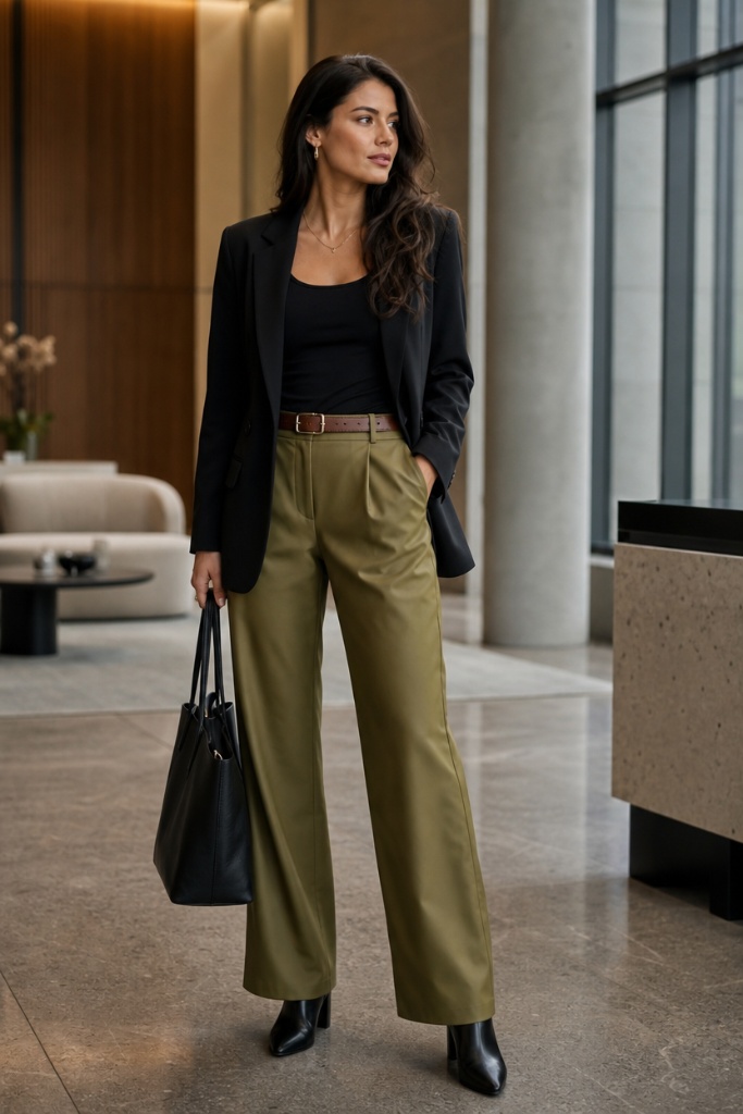 Casual Fall Work Outfits 2026 Black Blazer Over Olive Wide-Leg With Brown Leather Accent for Earthy Authority
