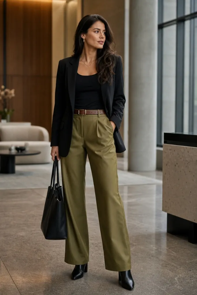 Casual Fall Work Outfits 2026 Black Blazer Over Olive Wide-Leg With Brown Leather Accent for Earthy Authority