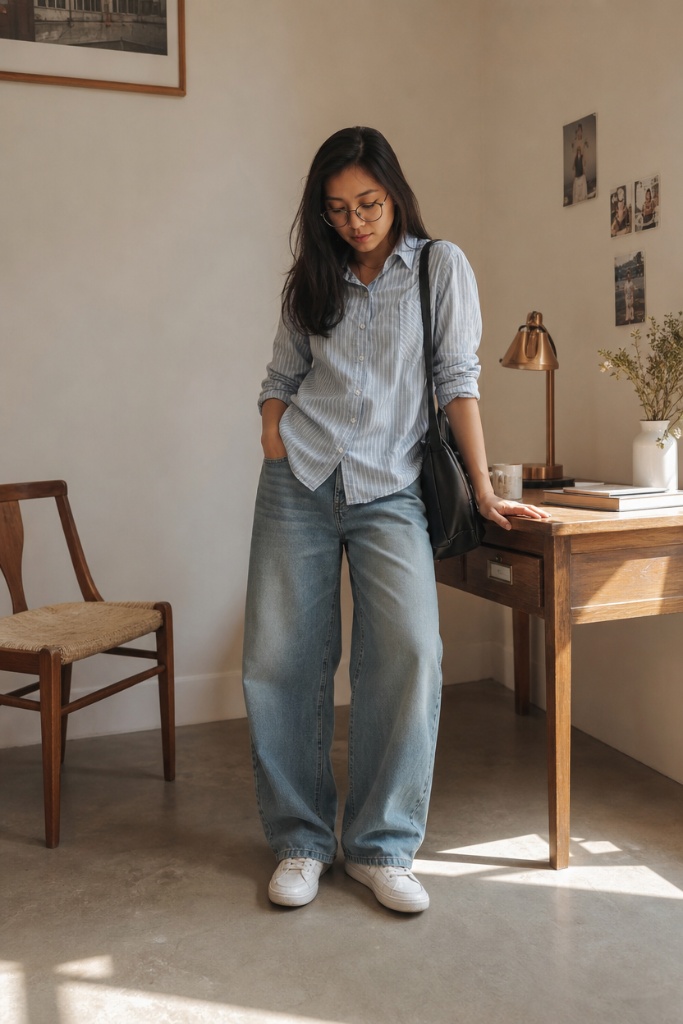 Back-to-School Outfits 2026 Striped Button-Down and Relaxed Light Jeans With Studious Ease